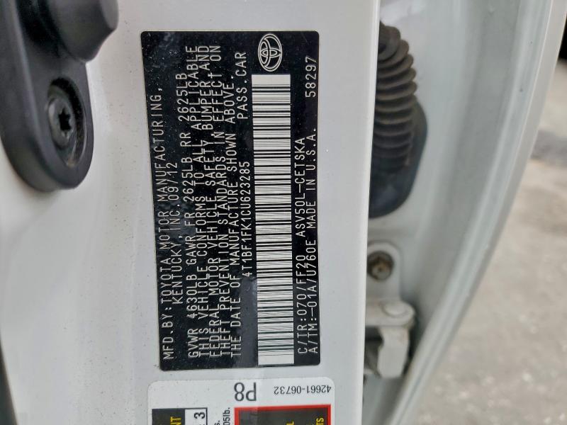 93919825 :رقم المزاد ، 4T1BF1FK1CU623285 vin ، 2012 Toyota Camry Base مزاد بيع