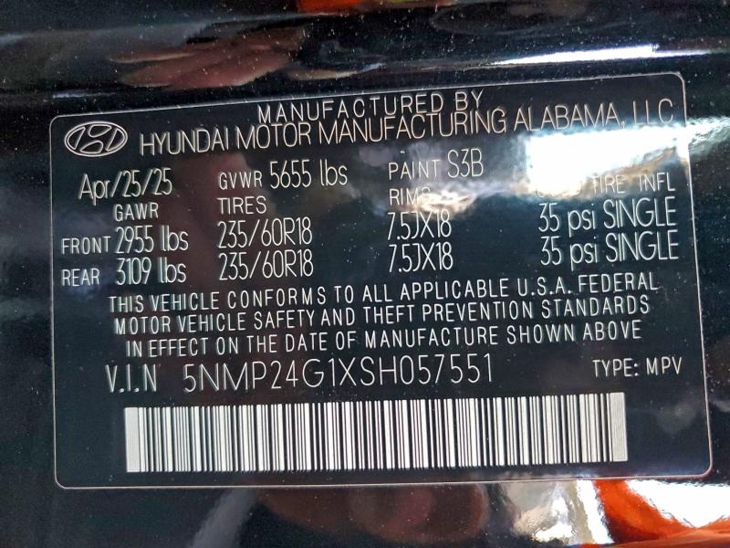 94185115 :رقم المزاد ، 5NMP24G1XSH057551 vin ، 2025 Hyundai Santa Fe مزاد بيع