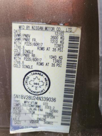 2004 Nissan Quest S მანქანა იყიდება აუქციონზე, vin: 5N1BV28U24N339036, აუქციონის ნომერი: 93119325