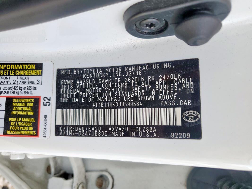 Продажа на аукционе авто 2018 Toyota Camry, vin: 4T1B11HK3JU599564, номер лота: 92516055