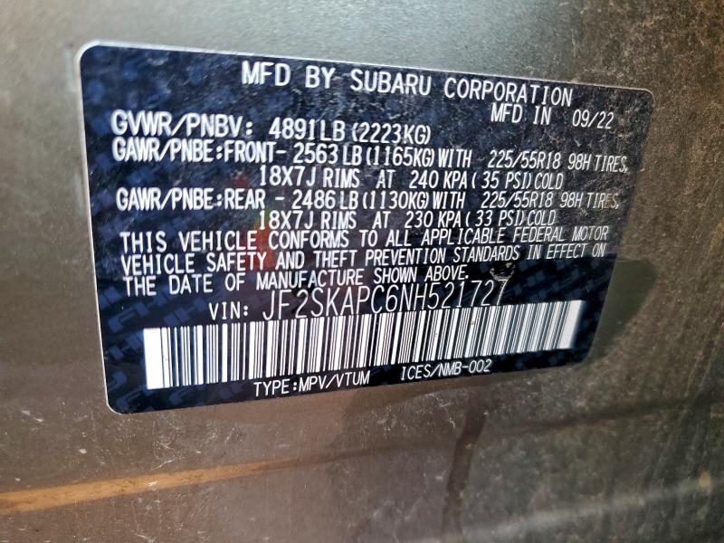 2022 Subaru Forester მანქანა იყიდება აუქციონზე, vin: JF2SKAPC6NH521727, აუქციონის ნომერი: 93730655