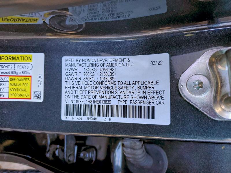 Продаж на аукціоні авто 2022 Honda Civic, vin: 19XFL1H81NE013839, номер лоту: 94280365