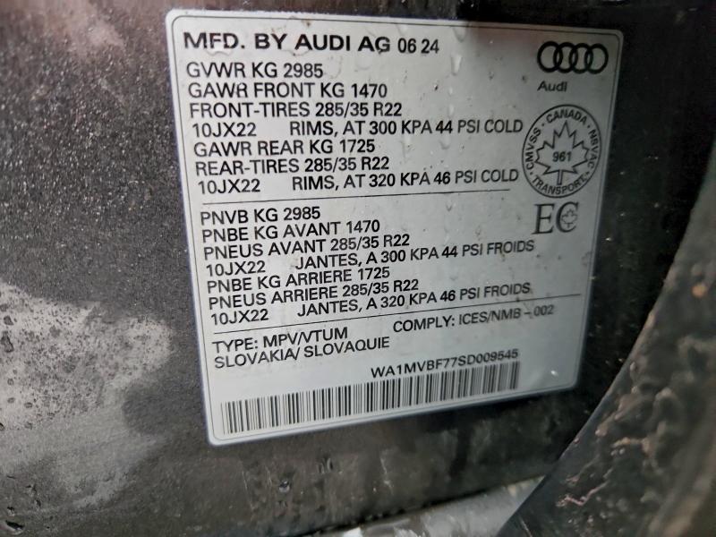 2025 Audi Q7 მანქანა იყიდება აუქციონზე, vin: WA1MVBF77SD009545, აუქციონის ნომერი: 94650475