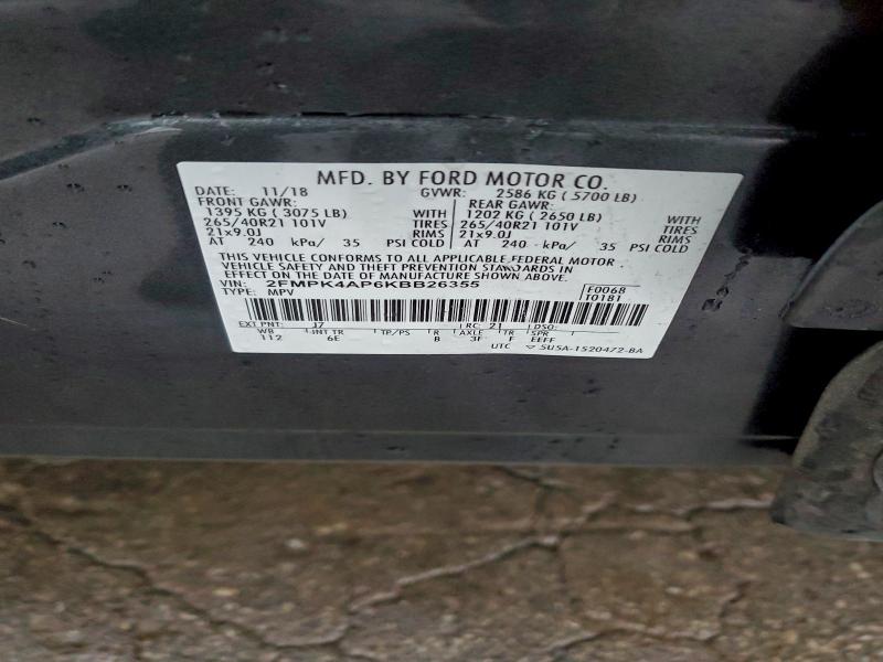 93953315 :رقم المزاد ، 2FMPK4AP6KBB26355 vin ، 2019 Ford Edge مزاد بيع