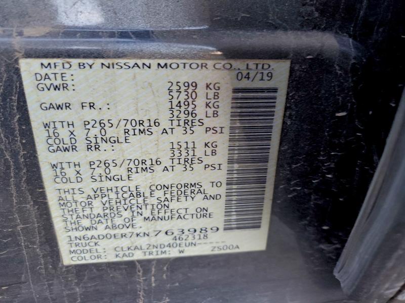 93982115 :رقم المزاد ، 1N6AD0ER7KN763989 vin ، 2019 Nissan Frontier مزاد بيع