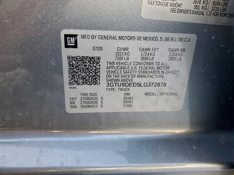 Aukcja sprzedaży 2020 Gmc Sierra K15, vin: 3GTU9DED5LG372878, numer aukcji: 93952675