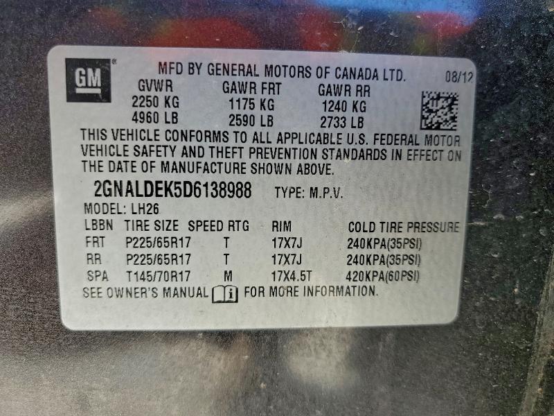 93403555 :رقم المزاد ، 2GNALDEK5D6138988 vin ، 2013 Chevrolet Equinox مزاد بيع