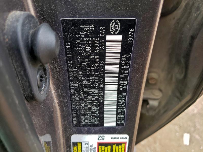 2019 Toyota Camry Hybr მანქანა იყიდება აუქციონზე, vin: 4T1B21HK9KU515536, აუქციონის ნომერი: 94102875