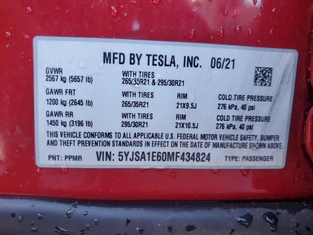 Aukcja sprzedaży 2021 Tesla Model S, vin: 5YJSA1E60MF434824, numer aukcji: 91072305