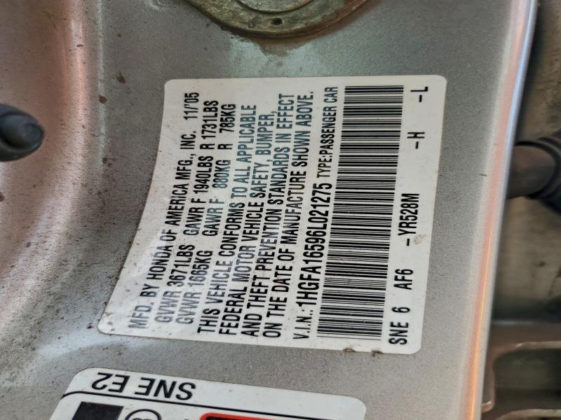 93871435 :رقم المزاد ، 1HGFA16596L021275 vin ، 2006 Honda Civic Lx مزاد بيع