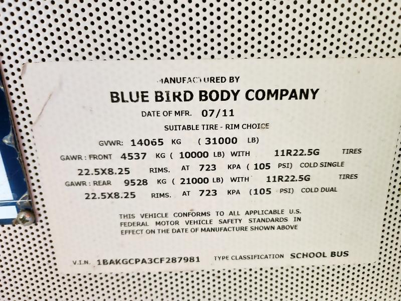 93102985 :رقم المزاد ، 1BAKGCPA3CF287981 vin ، 2012 Blue Bird School Bus مزاد بيع