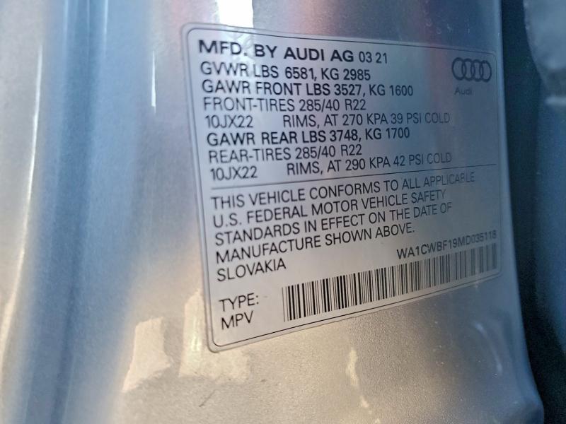 Aukcja sprzedaży 2021 Audi Sq8 Presti, vin: WA1CWBF19MD035118, numer aukcji: 94509645