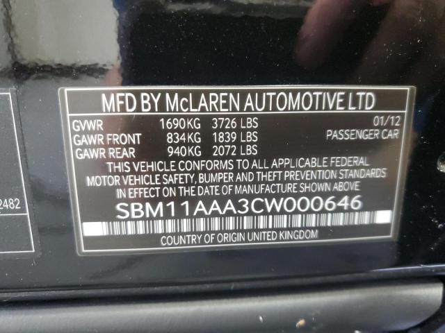 2012 Mclaren Automotive Mp4-12c მანქანა იყიდება აუქციონზე, vin: SBM11AAA3CW000646, აუქციონის ნომერი: 90694335