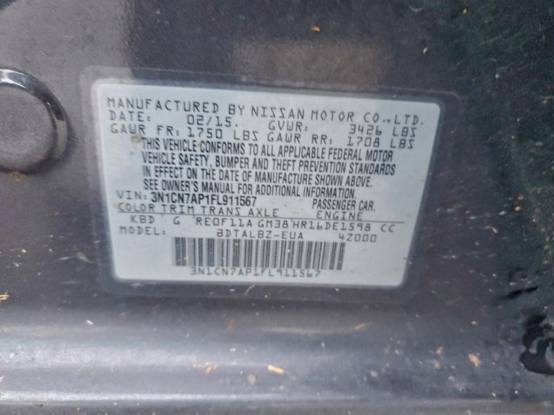 94535075 :رقم المزاد ، 3N1CN7AP1FL911567 vin ، 2015 Nissan Versa مزاد بيع
