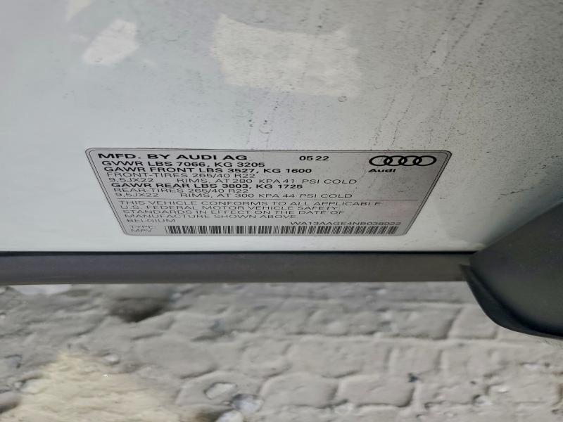 94140395 :رقم المزاد ، WA13AAGE4NB038922 vin ، 2022 Audi E-tron مزاد بيع