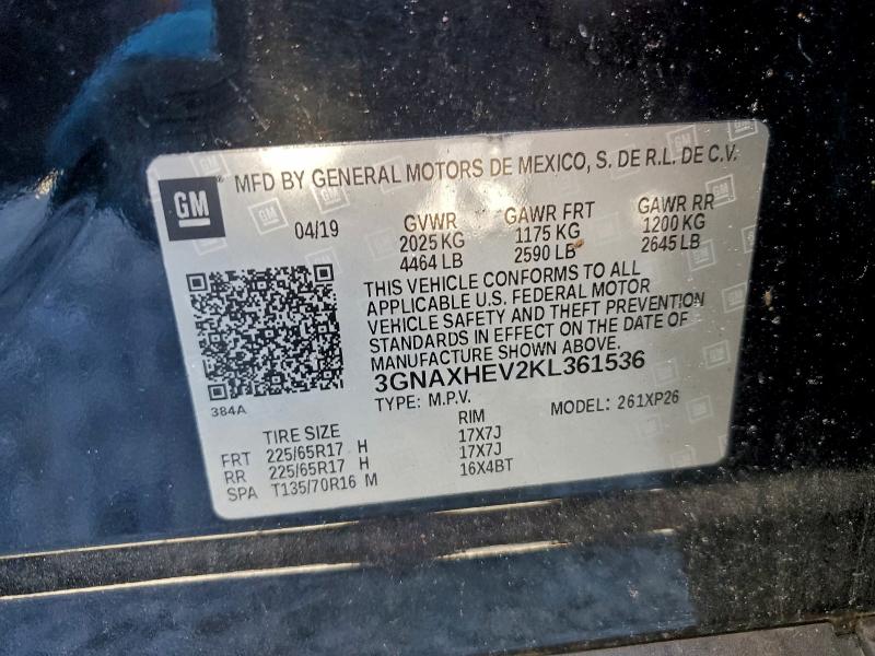 91141775 :رقم المزاد ، 3GNAXHEV2KL361536 vin ، 2019 Chevrolet Equinox مزاد بيع