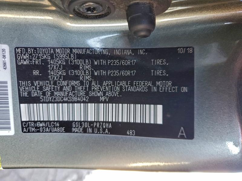 94069745 :رقم المزاد ، 5TDYZ3DC4KS984042 vin ، 2019 Toyota Sienna Xle مزاد بيع
