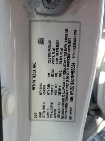91929755 :رقم المزاد ، 5YJ3E1EA4MF986324 vin ، 2021 Tesla Model 3 مزاد بيع