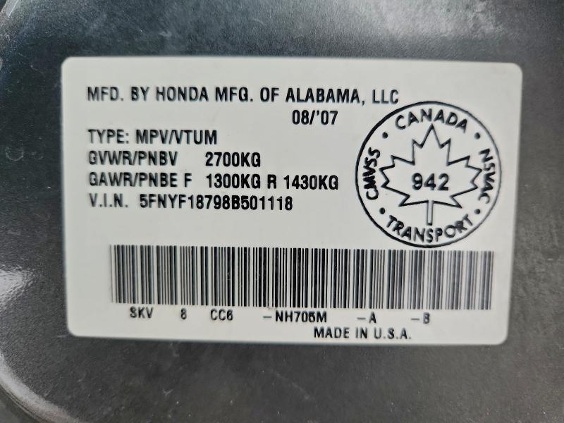 2008 Honda Pilot მანქანა იყიდება აუქციონზე, vin: 5FNYF18798B501118, აუქციონის ნომერი: 94503135