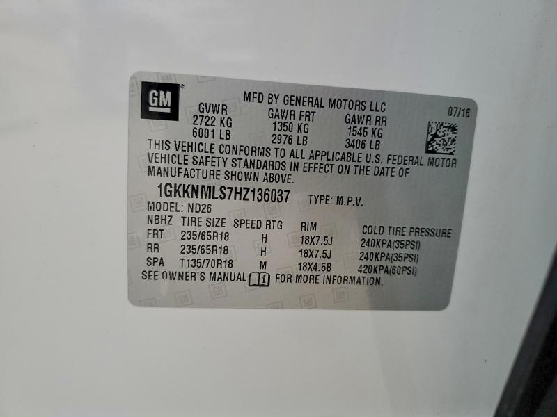 93848685 :رقم المزاد ، 1GKKNMLS7HZ136037 vin ، 2017 Gmc Acadia مزاد بيع