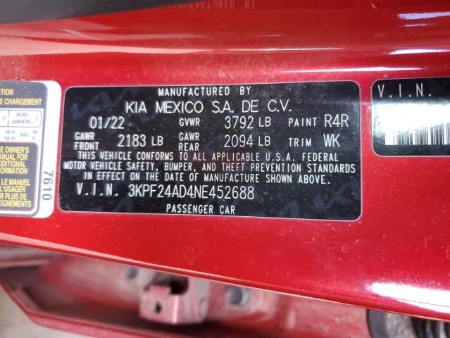 2022 Kia Forte მანქანა იყიდება აუქციონზე, vin: 3KPF24AD4NE452688, აუქციონის ნომერი: 92232525
