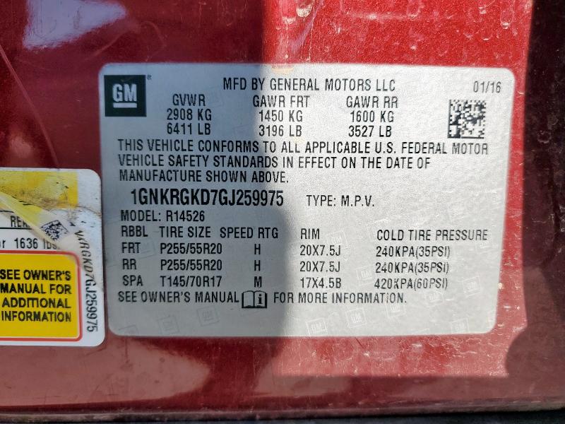 91660185 :رقم المزاد ، 1GNKRGKD7GJ259975 vin ، 2016 Chevrolet Traverse مزاد بيع