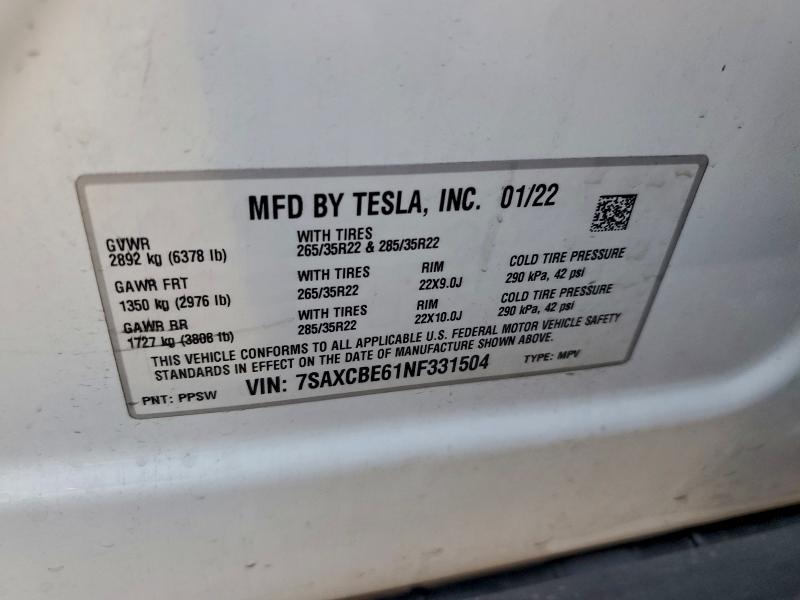 93285175 :رقم المزاد ، 7SAXCBE61NF331504 vin ، 2022 Tesla Model X مزاد بيع