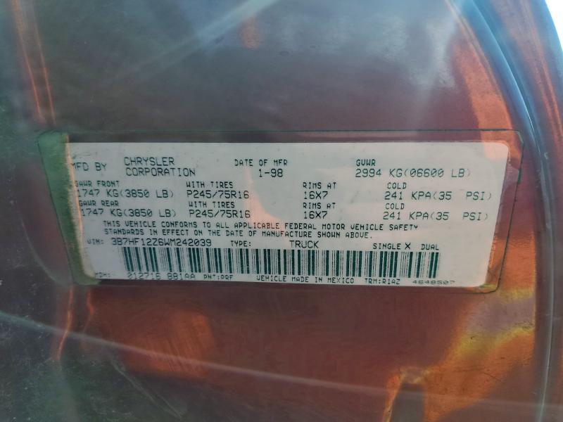 1998 Dodge Ram 1500 მანქანა იყიდება აუქციონზე, vin: 3B7HF12Z6WM242039, აუქციონის ნომერი: 94586885