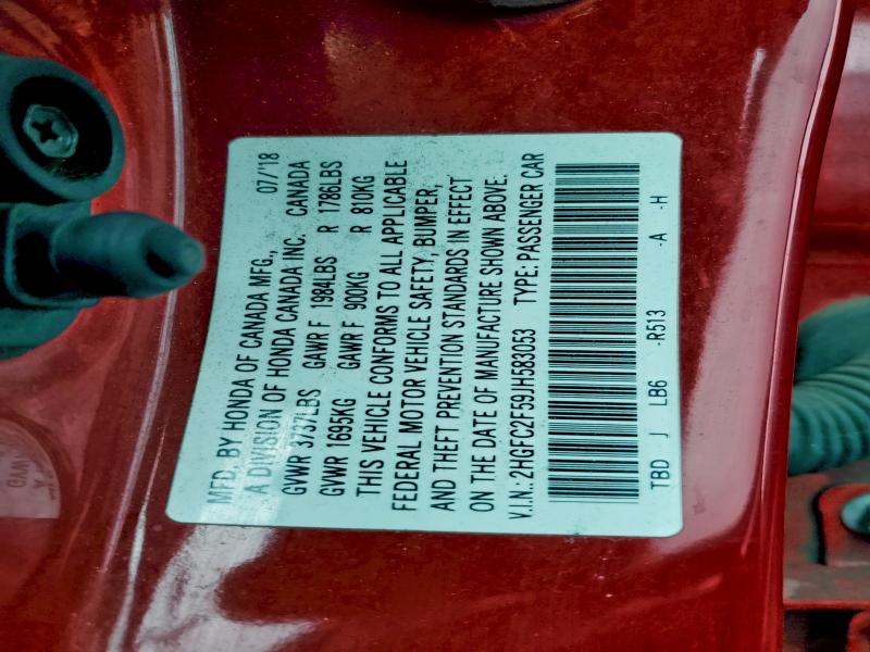 94247185 :رقم المزاد ، 2HGFC2F59JH583053 vin ، 2018 Honda Civic Lx مزاد بيع