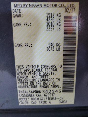 91885035 :رقم المزاد ، 1N4AL3AP0HN342545 vin ، 2017 Nissan Altima 2.5 مزاد بيع