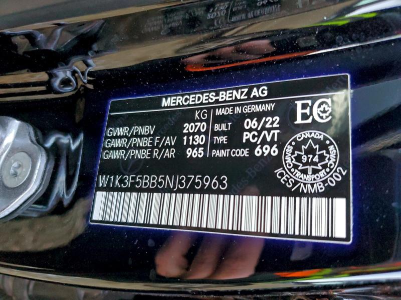 Продажа на аукционе авто 2022 Mercedes-benz A, vin: W1K3F5BB5NJ375963, номер лота: 86156165