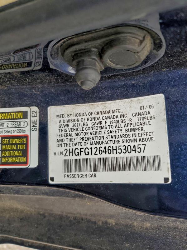 Продаж на аукціоні авто 2006 Honda Civic, vin: 2HGFG12646H530457, номер лоту: 93717935