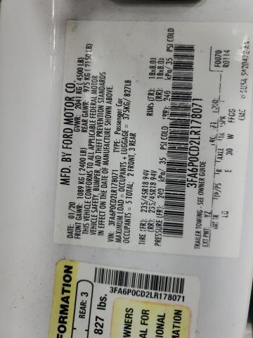 90392095 :رقم المزاد ، 3FA6P0CD2LR178071 vin ، 2020 Ford Fusion مزاد بيع