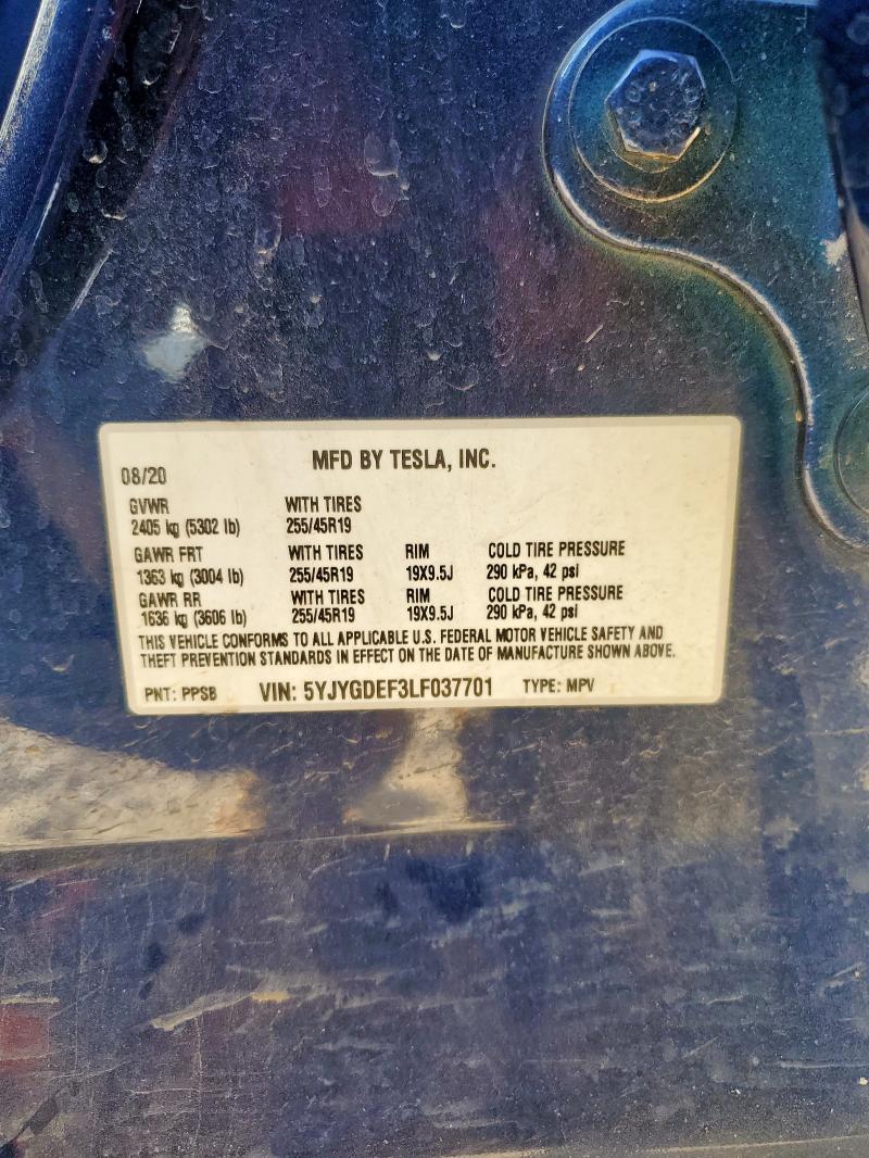 93314135 :رقم المزاد ، 5YJYGDEF3LF037701 vin ، 2020 Tesla Model Y مزاد بيع