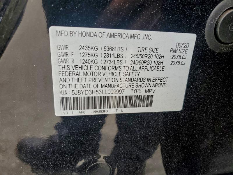 2020 Acura Mdx მანქანა იყიდება აუქციონზე, vin: 5J8YD3H53LL009997, აუქციონის ნომერი: 94531555