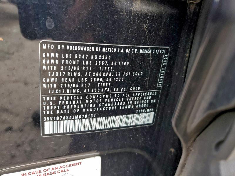 Aukcja sprzedaży 2018 Volkswagen Tiguan, vin: 3VV1B7AX4JM078137, numer aukcji: 94279365