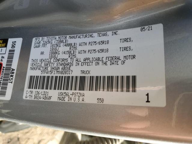 92178925 :رقم المزاد ، 5TFAY5F17MX020317 vin ، 2021 Toyota Tundra مزاد بيع