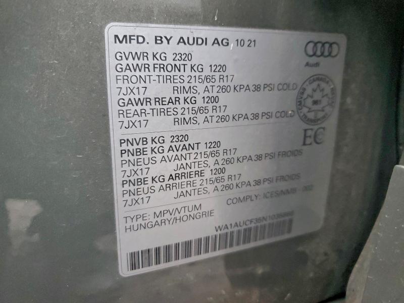 93832155 :رقم المزاد ، WA1AUCF35N1035866 vin ، 2022 Audi Q3 مزاد بيع