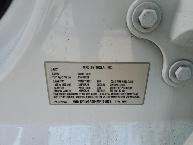 2021 Tesla Model Y მანქანა იყიდება აუქციონზე, vin: 5YJYGAEE4MF179921, აუქციონის ნომერი: 90037975