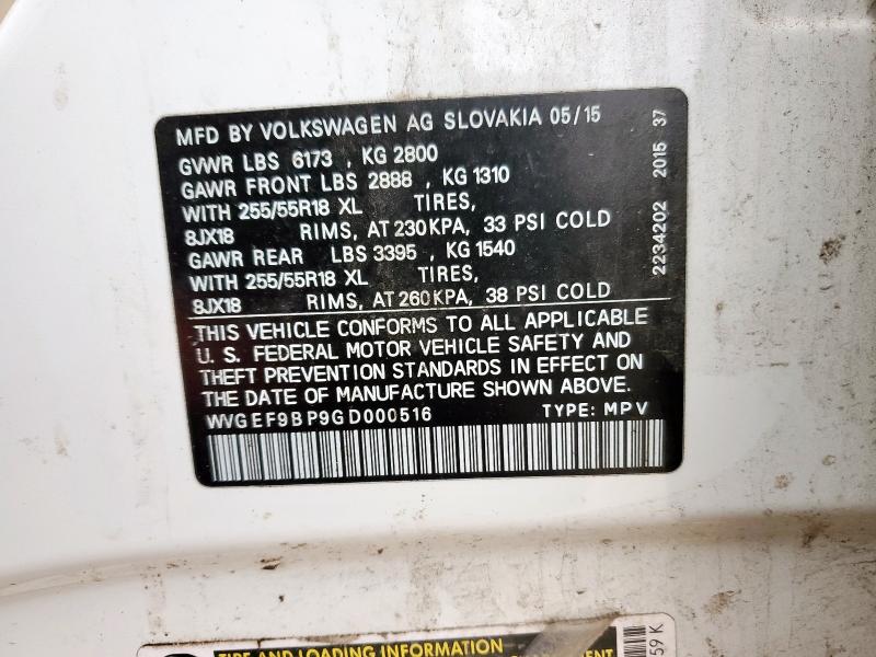 Aukcja sprzedaży 2016 Volkswagen Touareg Sp, vin: WVGEF9BP9GD000516, numer aukcji: 92743305