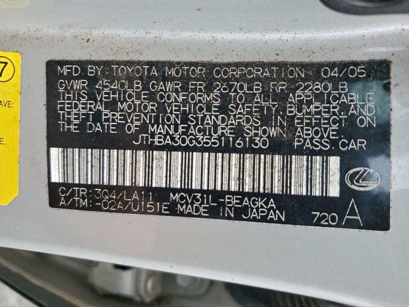 Aukcja sprzedaży 2005 Lexus Es, vin: JTHBA30G355116130, numer aukcji: 94305255