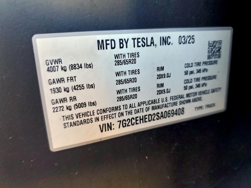 2025 Tesla Cybertruck მანქანა იყიდება აუქციონზე, vin: 7G2CEHED2SA069408, აუქციონის ნომერი: 94164925