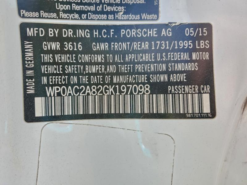 94500485 :رقم المزاد ، WP0AC2A82GK197098 vin ، 2016 Porsche Cayman Gt4 مزاد بيع