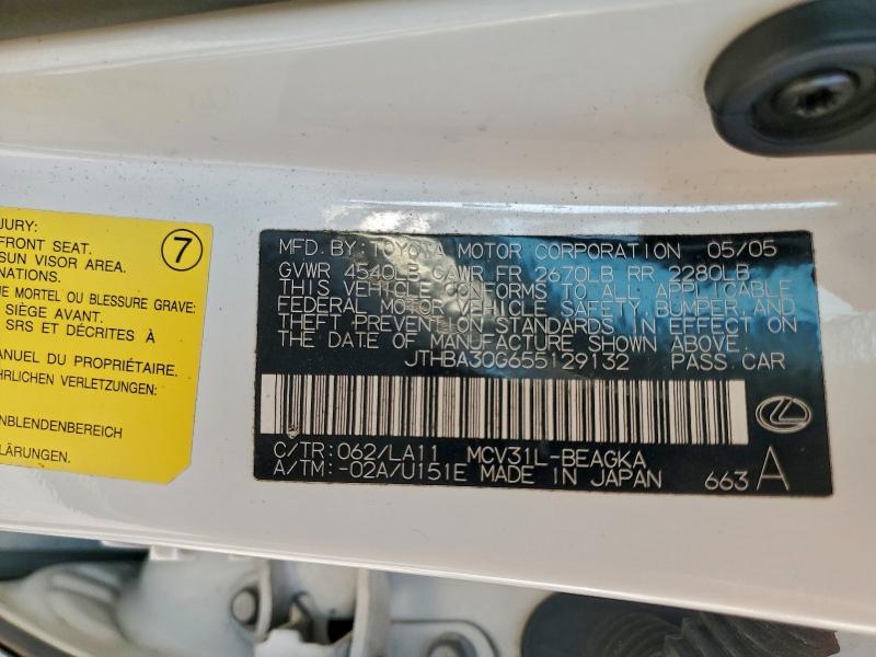 2005 Lexus Es მანქანა იყიდება აუქციონზე, vin: JTHBA30G655129132, აუქციონის ნომერი: 93431505