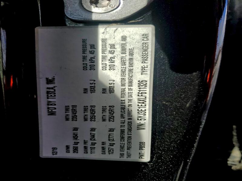 2020 Tesla Model 3 მანქანა იყიდება აუქციონზე, vin: 5YJ3E1EAXLF611326, აუქციონის ნომერი: 93098105