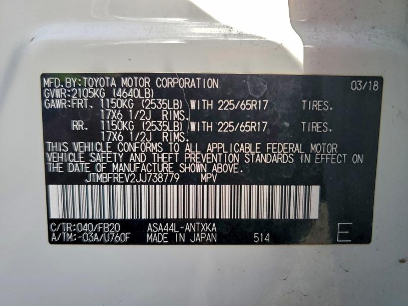 Продаж на аукціоні авто 2018 Toyota Rav4 Le, vin: JTMBFREV2JJ738779, номер лоту: 85439865