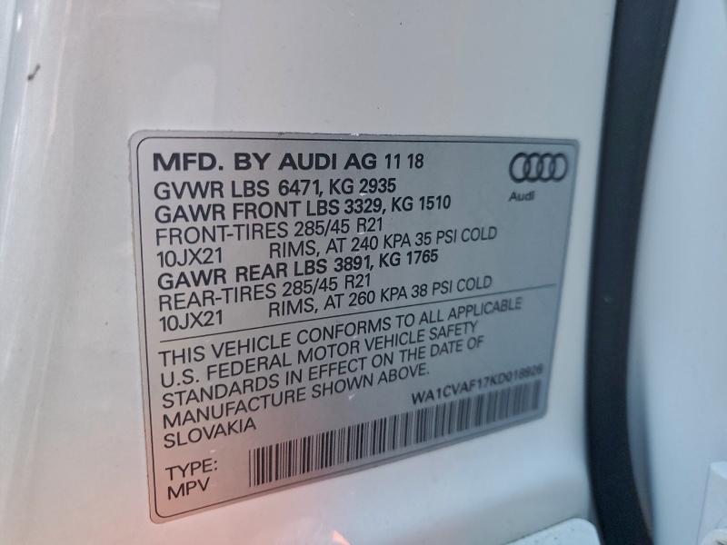 2019 Audi Q8 მანქანა იყიდება აუქციონზე, vin: WA1CVAF17KD018926, აუქციონის ნომერი: 92864975