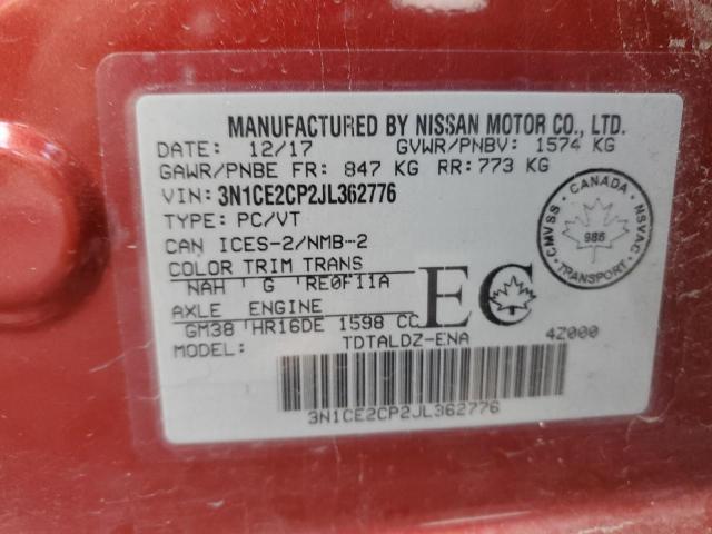 85692495 :رقم المزاد ، 3N1CE2CP2JL362776 vin ، 2018 Nissan Versa Note مزاد بيع