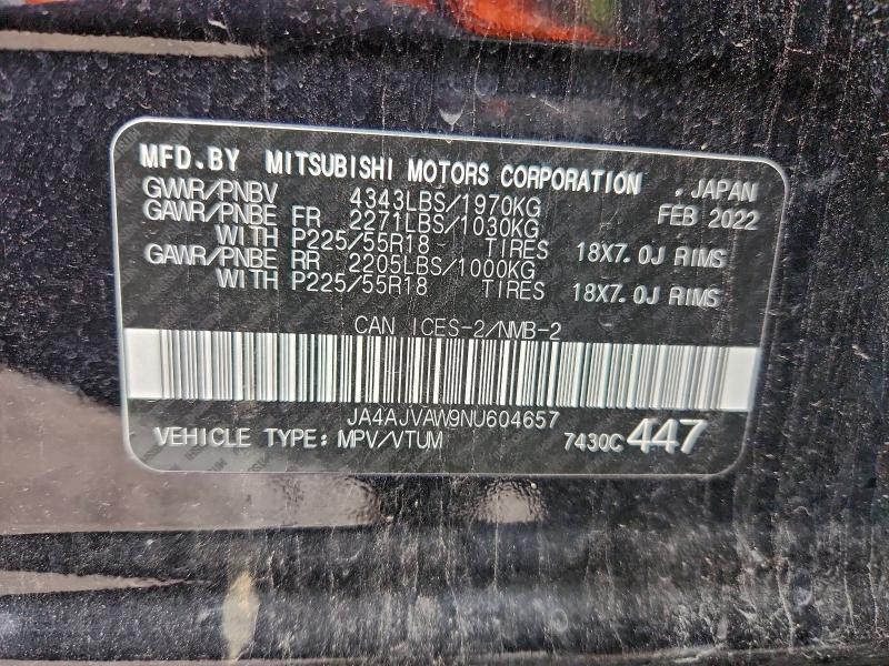 94349915 :رقم المزاد ، JA4AJVAW9NU604657 vin ، 2022 Mitsubishi Rvr Se مزاد بيع