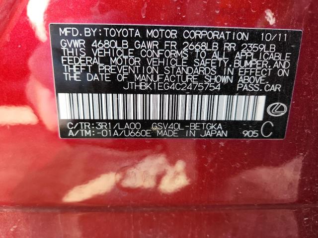Aukcja sprzedaży 2012 Lexus Es 350, vin: JTHBK1EG4C2475754, numer aukcji: 92078235